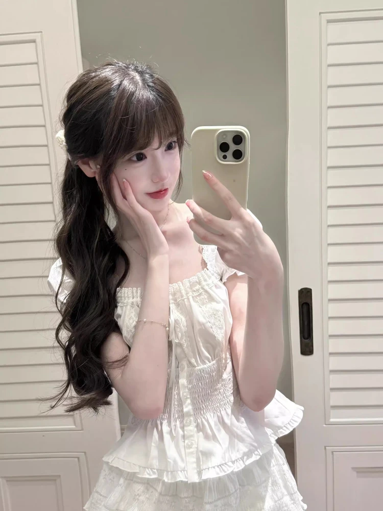 

Белый кружевной топ с рукавами-фонариками для женщин, летний, приталенный, с коротким рукавом, в студенческом стиле, дышащий, влагоотводящий