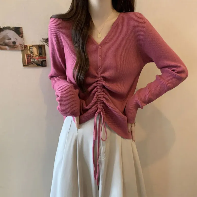 

Korean V-Neck Knitted T-shirt Female Clothing Fashion Drawstring Autumn Winter Button Solid Color Basic Long Sleeve Pullovers