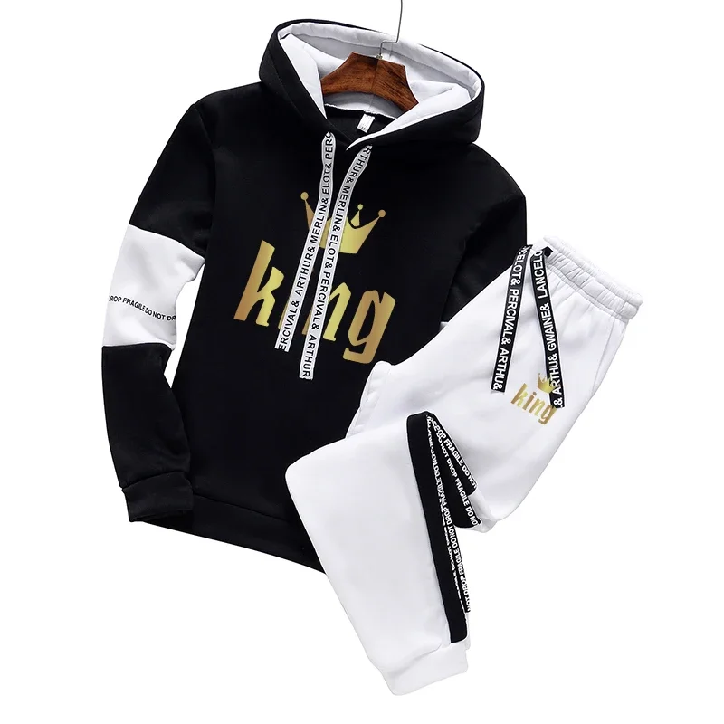 King Mens Tracksuit Casual Classic Black White Hooded Sweatshirts+Sweatpants Set High Quality Jogging Sport Suit Daily Clothing