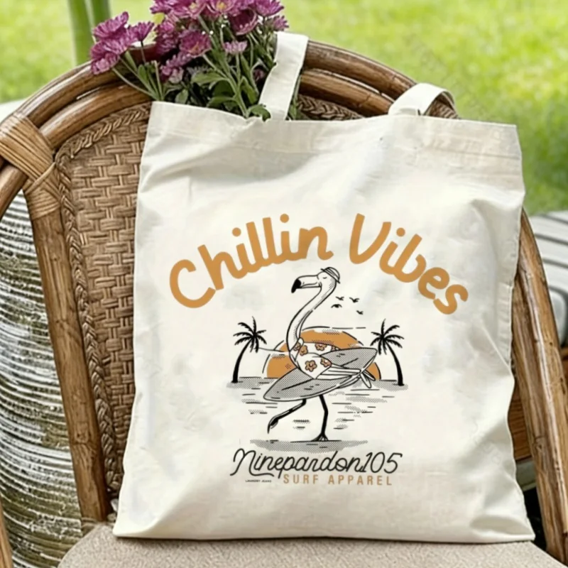 1 bolsa de lona tipo tote con estampado de flamencos y surf, reutilizable y ecológica, modelo "Chillin Vibes"