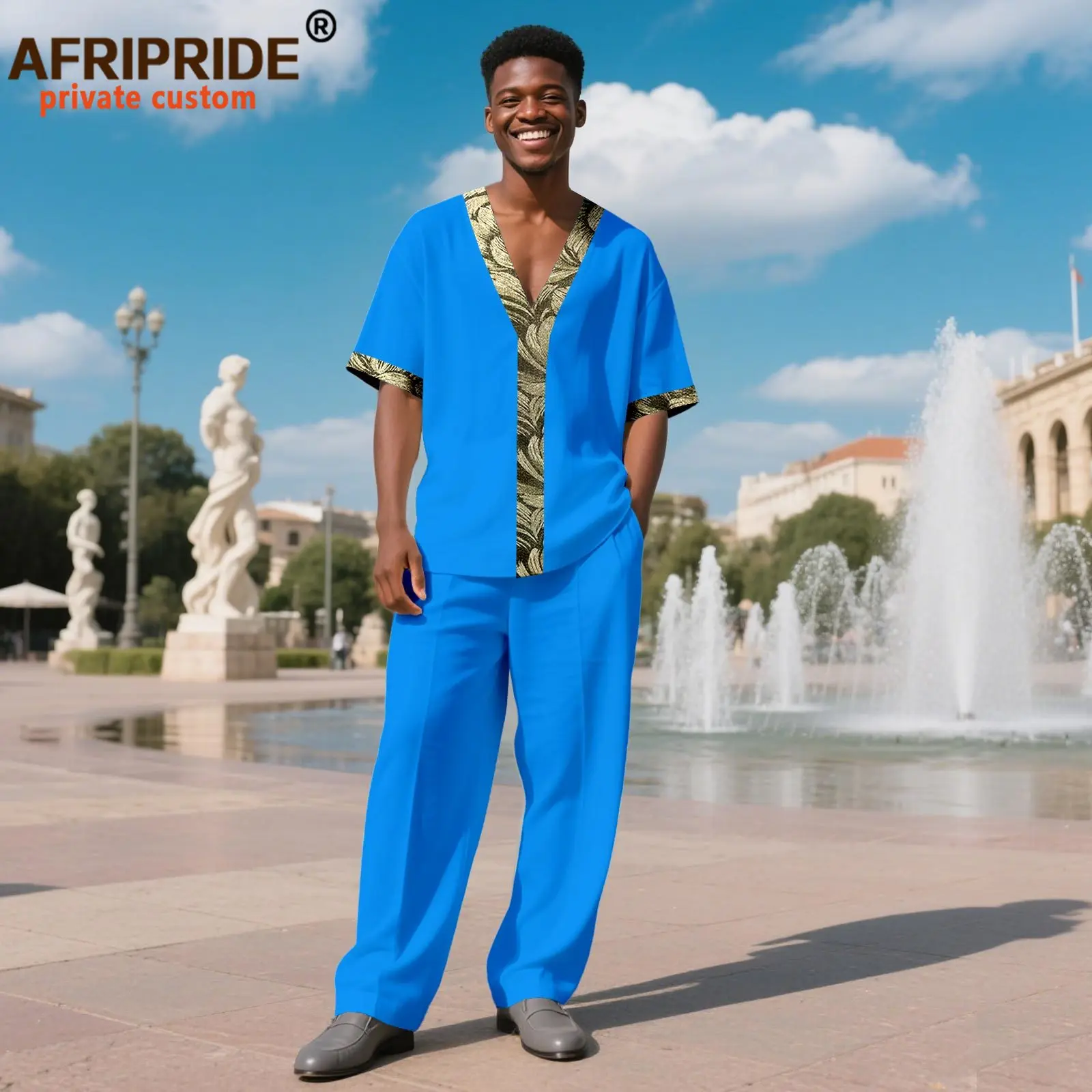 African Suits for Men Tracksuit Short Sleeve V-neck Embroidery Tops and Pants Set Plus Size Casual Outfits Ankara Attire 2516069