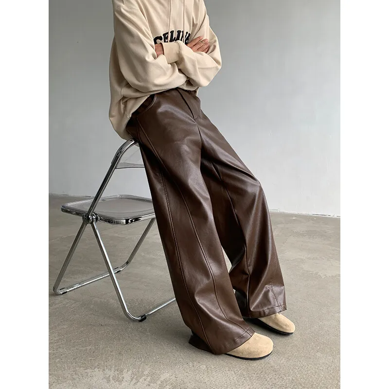 PU Leather Pants men Straight 2025new Spring Men\'s Punk Fashion Hip Hip Men Wide-leg Mopping Trousers Windproof Dark Brown/Black
