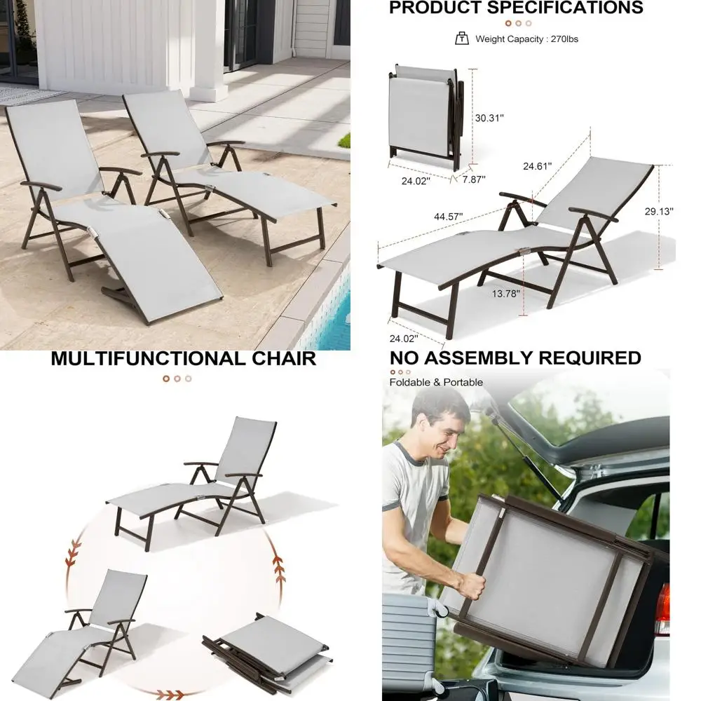 Outdoor Aluminum Folding Patio Recliner Chairs Set of 2, Adjustable 8 Positions, Chaise Lounge Chairs for Ultimate Relaxation
