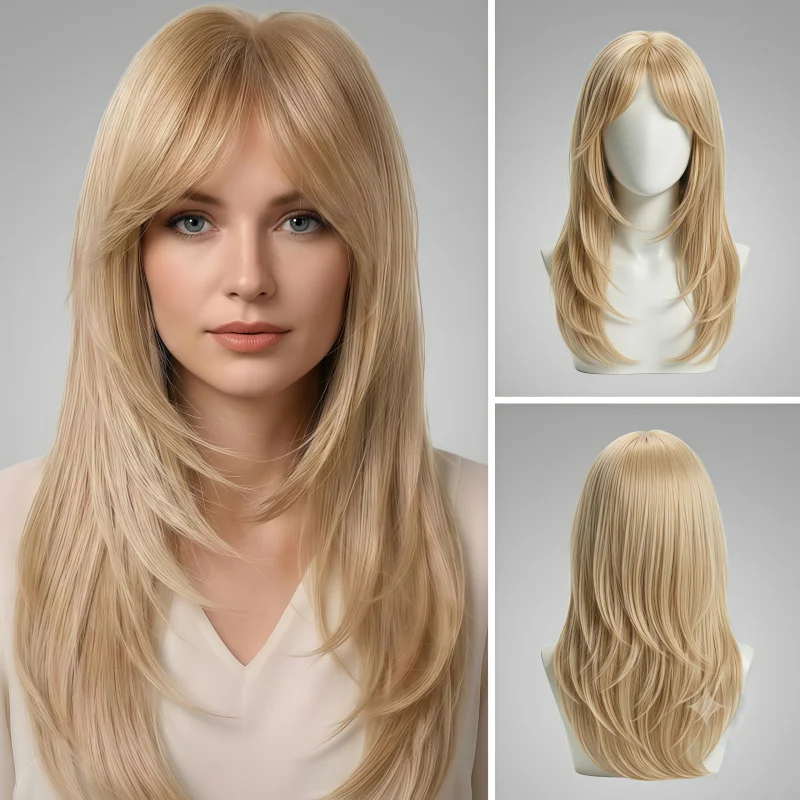 Wigs for women clearan sale, gold-colored women's wig, heat-resistant synthetic wig with bangs, suitable for beginners, elegant