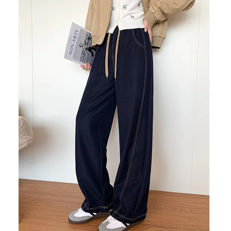 Cotton Denim Jeans Women's High Waist Figure Flattering Straight-Leg Pant  Spring and Autumn New Blue Color Wide-Leg