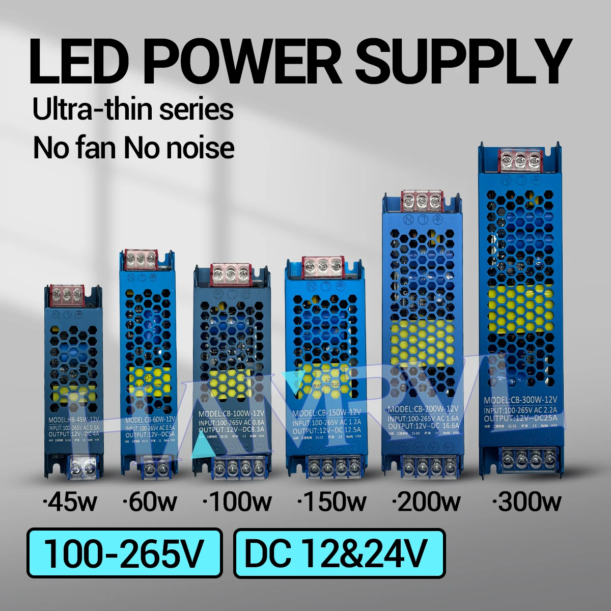 

Ultra Thin Power Supply Transformer Adapter DC 12V/24V for LED Strip Switch Driver Lamp AC100-265V Input 45W/60W/100W/150W/300W