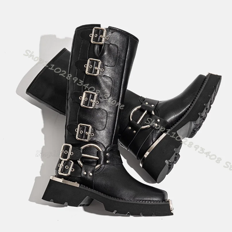 Black Metal Decor Combat Boots Wear Resistant Platform Chunky Heels Shoes Punk Style Spring Fashion Boots Zapatos Para Mujere