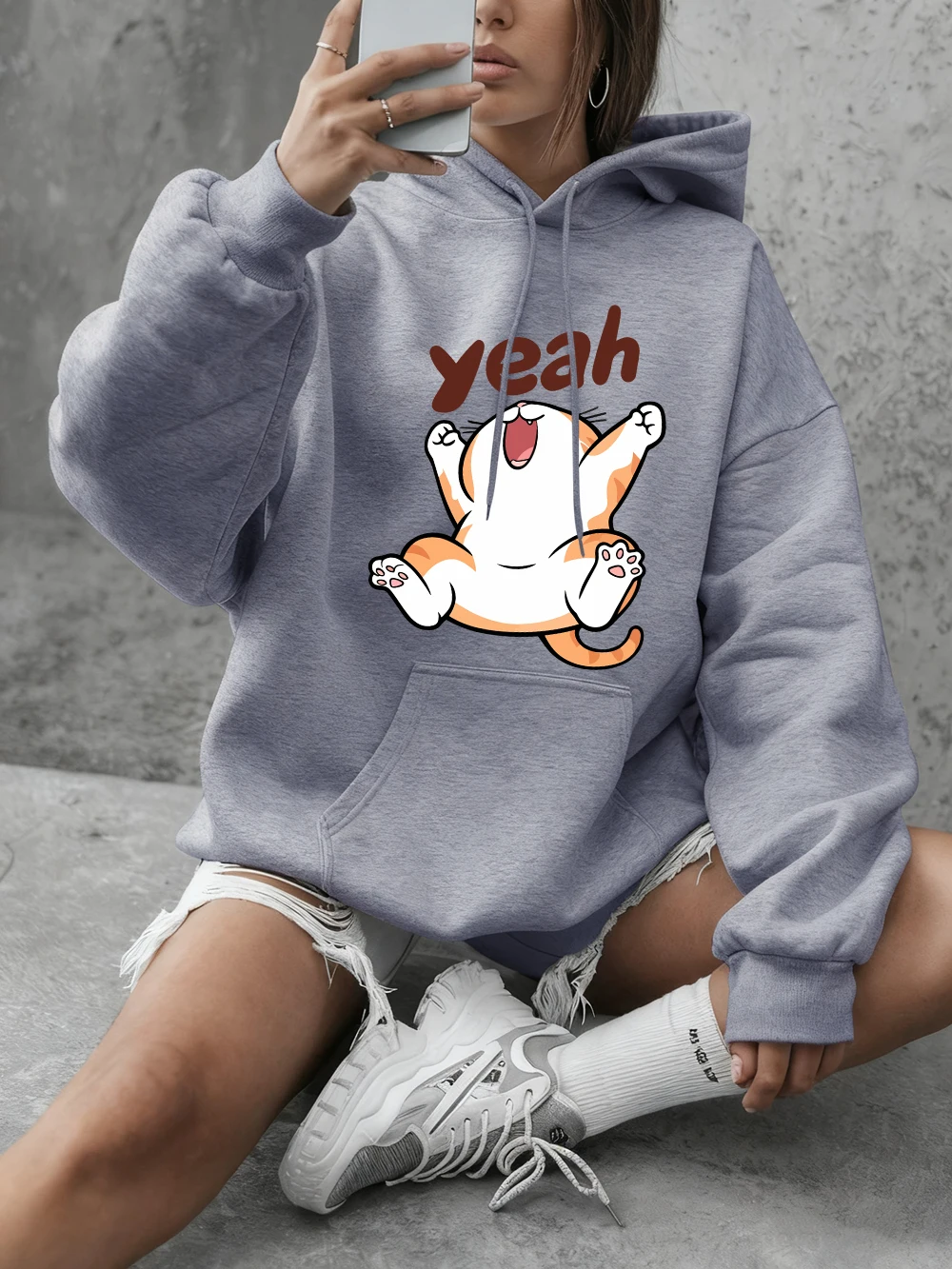 Ja Happy Cartoon Cat Prints Hoodies Dames Basics Crewneck Sweatshirt Casual losse tops Winterfleece Warme comfortabele kleding