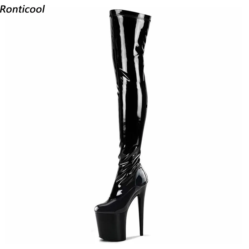 

Ronticool Real Photos Women Spring Platform Thigh Boots Side Zipper Stiletto Heels Round Toe Black Cosplay Shoes Us Size 6-12