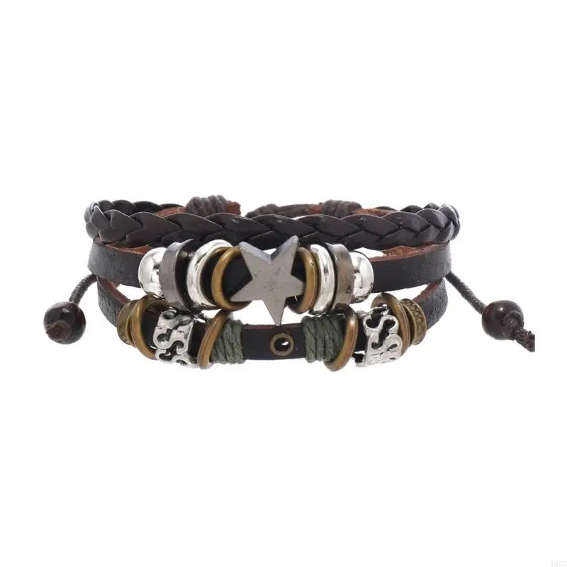 195C Vintage Leather Bracelet Punk Star Beaded Wristband MultiLayer Leather Bracelet