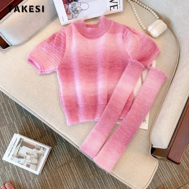 2024 Spring Hotsweet Casual O-neck 3 Pieces Knit Long Sleeve Gyaru Pullovers Women Coquette Striped Sheath Ladies Sexy Sweater