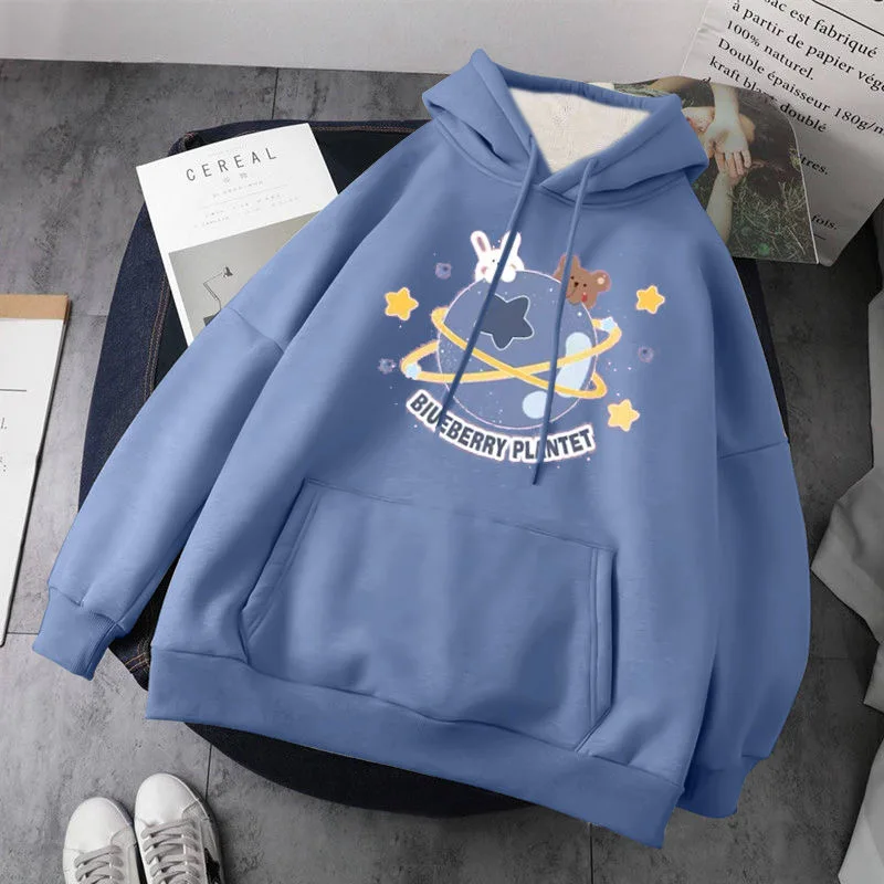 Women Autumn Winter Loose Casual Pullovers Student Fashion Leisure Outwears Cute Cartoon Printed Fleece Thick Hooded Sweatshirts
