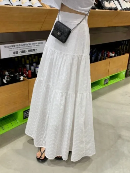 

High Waist Lace Hollow out Long Skirt Women's Elastic Waist Korean Sle Breathable Comfortable Cotton A-Line Skirt