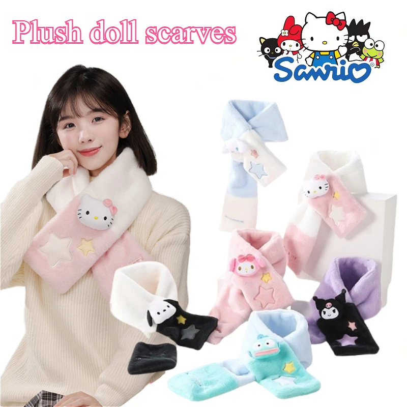 Miniso sanrio olá kitty boneca de pelúcia cachecóis dos desenhos animados macio confortável e confortável cachecol quente bonito tendências da moda presentes do feriado menina