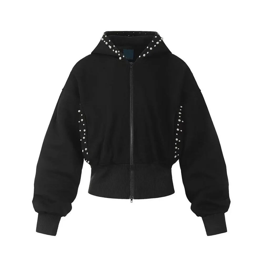 

Эластичная толстовка с жемчужным декором. Универсальная куртка Y2K с высокой талией. Для отдыха и модная уличная одежда на молнии и верхняя одежда.