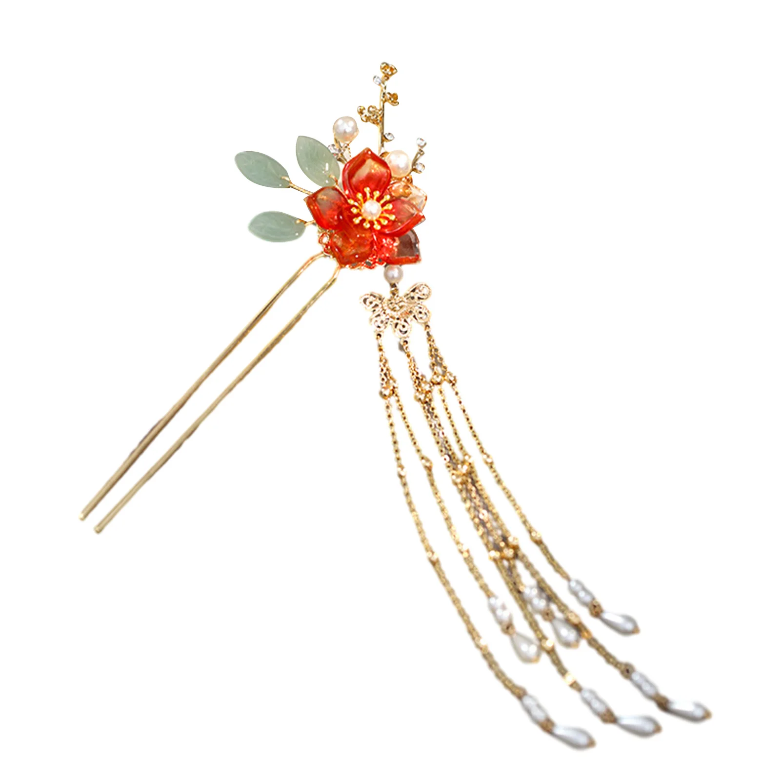 Women's Hair Stick Traditional Chinese Style Accessory Elegant Red Imitation Jade Flower Tassel Pin for Wedding Party Gift