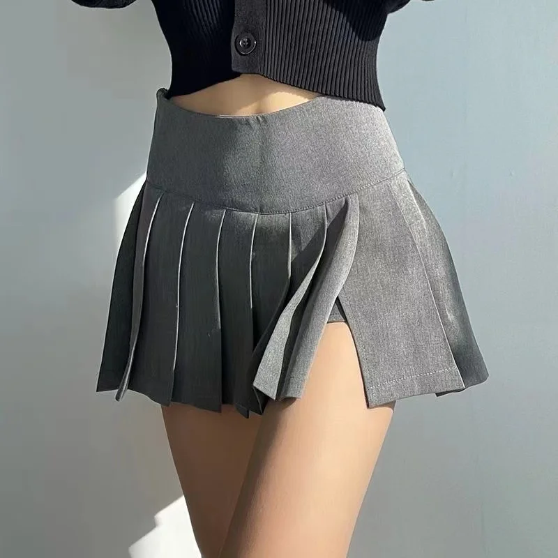 Summer Women's High Waist Side Split Zipper Pleated Skirts Fashion All-Match Anti-Glare Jk Mini Skirts Women Sexy A Line Skirt