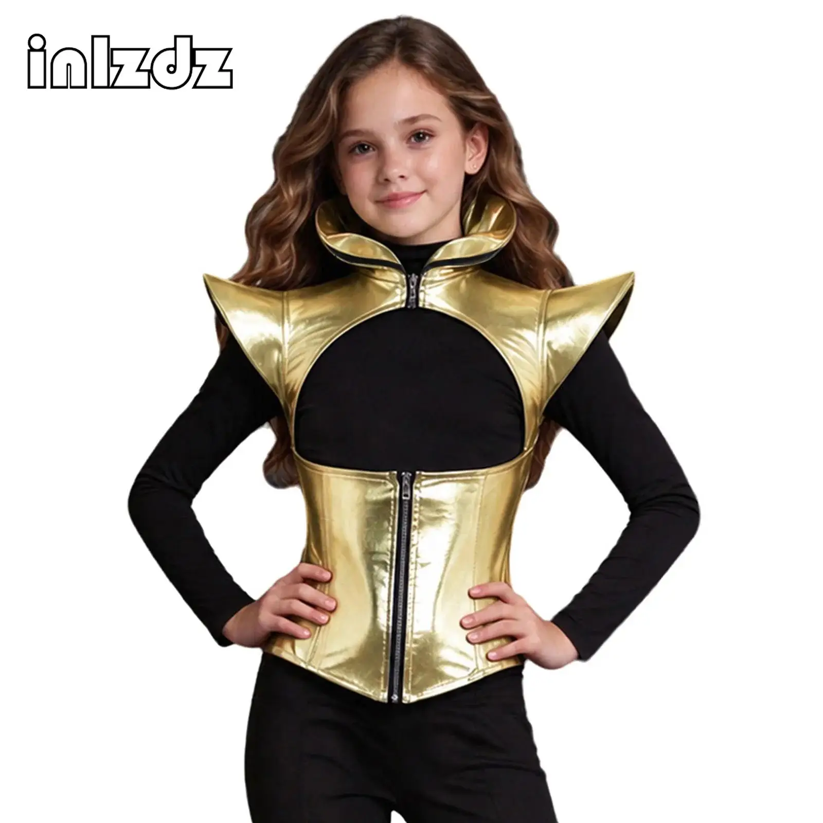 Kids Girls Shiny Jazz Hip Hop Vest Gothic Punk Shoulder Armor Shrugs Metallic Crop Top Bustier Corset for Robot Carnival Rave
