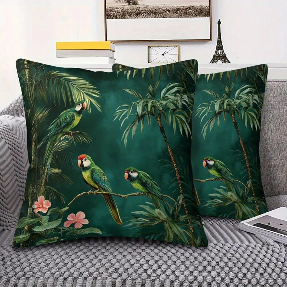 2D flat- # Tropical Parrot Jungle Throw Pillow Cover Vintage Green Botanical Home Decor Cushion Case