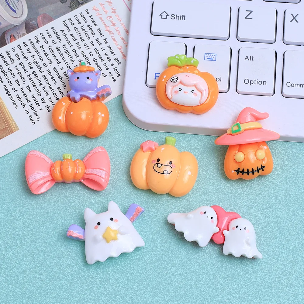 10pcs Halloween Cartoon Cute Pumpkin Witch Ghost Glossy Resin Pendant Handmade Cream Gum Resin Accessories Making for Keychain