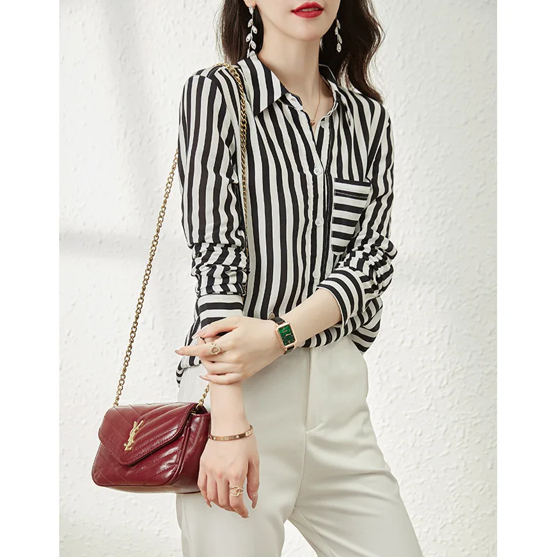 Striped Silk Shirt Women Silk Blouse In Early Spring 2024 Summer New Silk Shirt Mulberry Silk Shirt OL Style