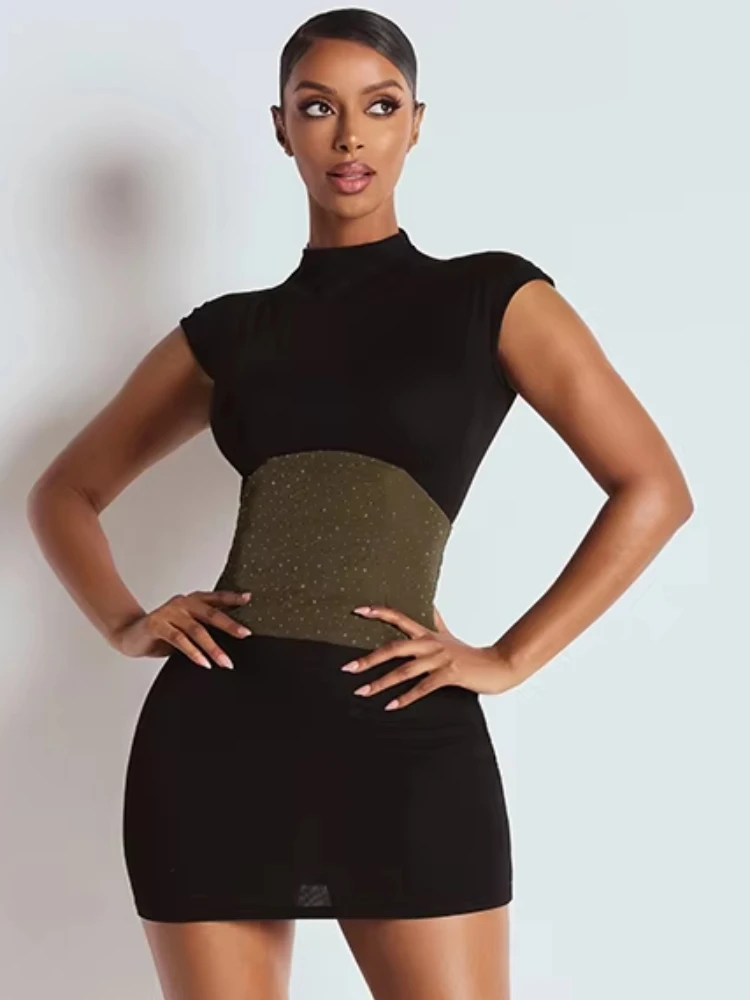 니버 복숭아 엉덩이 원피스 여성 패치 워크 스퀸 섹시 민소매 타이트한 자정 파티 클럽웨어 여름 패션 스키니 미니 바디 콘