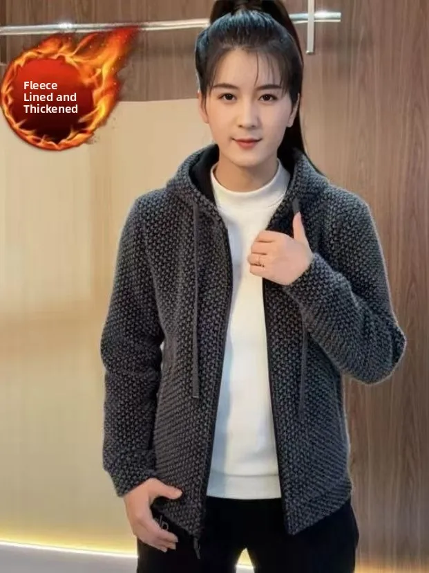 

Men's Hooded Fce Lined Thiened Zipper Knitted Sweater Winter Warm Windproof Casual Top High Quali Faionable Outerwear