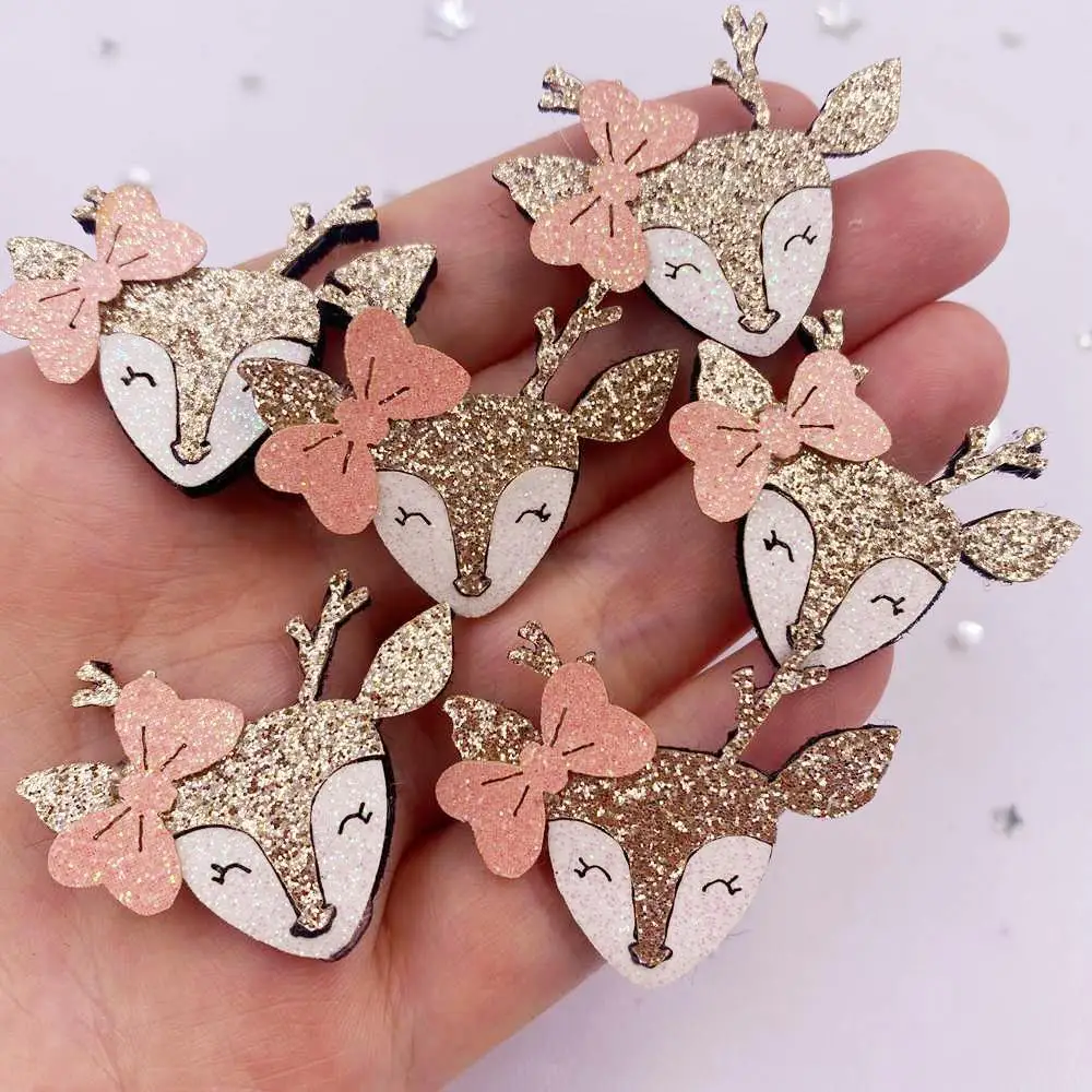 10pcs Felt Fabric Colorful Glitter Bepowder Cartoon Bowknot Golden Deer Patch Applique Sewing DIY Hair Bow Craft Supplie XE810