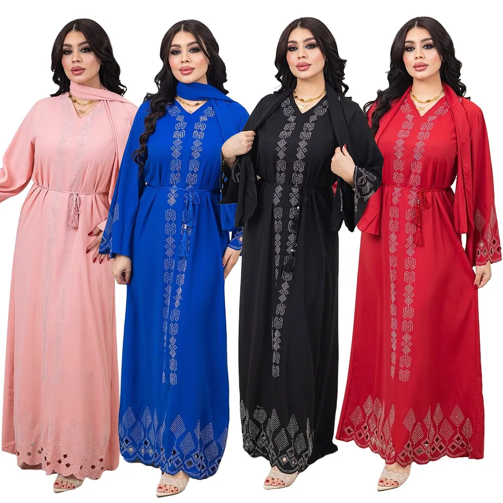 

Muslim Fashion Women's Abaya V-neck Burnt Flower Inlaid Diamond Tassel Belt Fashion Elegant Women's Dress Dress Robe