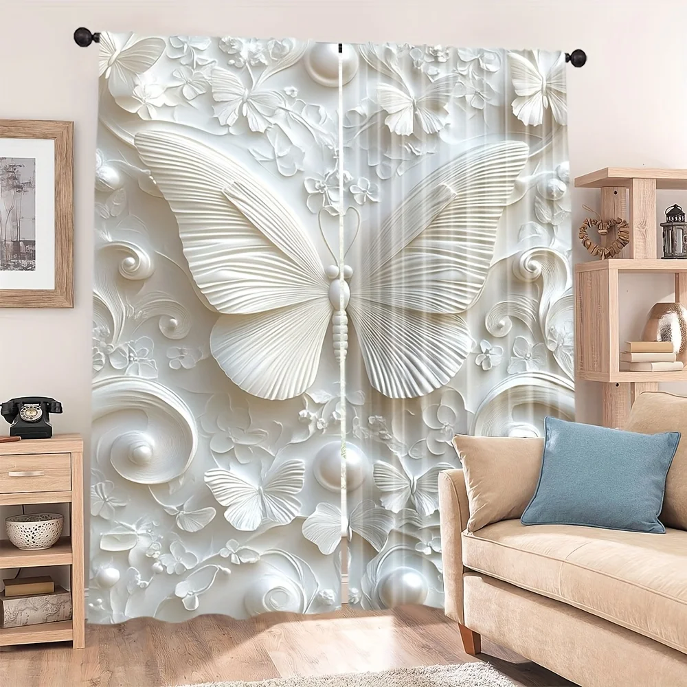 2pcs White Butterfly Print Curtains, 100% Polyester Thermal Insulation Noise Reduction with Rod Pocket for Home Office Decor