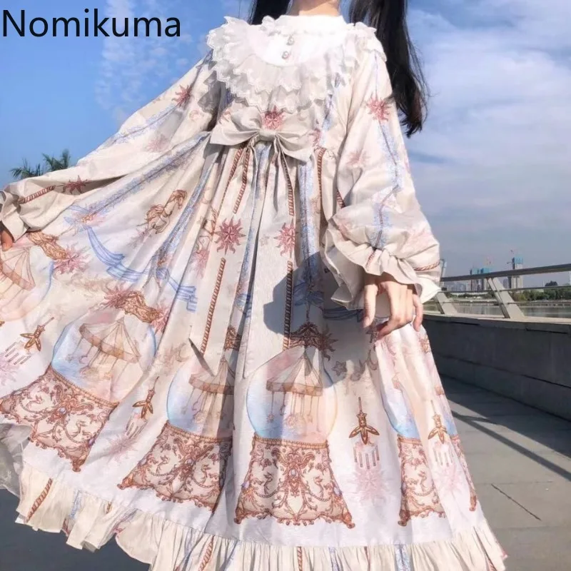 Dress for Women Sweet Lolita Style Long Sleeve Print Loose Roba Femme Bow Ruffles Lace Big Swing Dresses 2024 Vestidos De Mujer