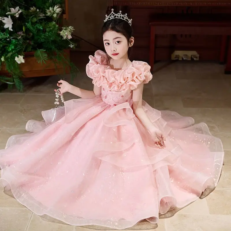 Girls' Summer New High-End Host Birthday Piano Performance Dress Party Fashion Elegant Wedding Princess Dress Gown Clothes