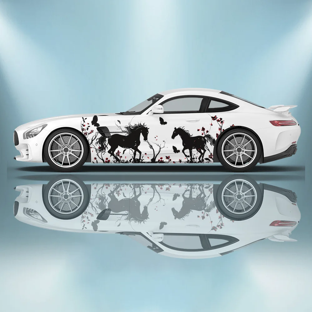 

Black Horse Galloping Grass Car Sticker Full Body Floral Decoration Scratches Protective Car Sticker Waterproof Car Vinyl Wraps