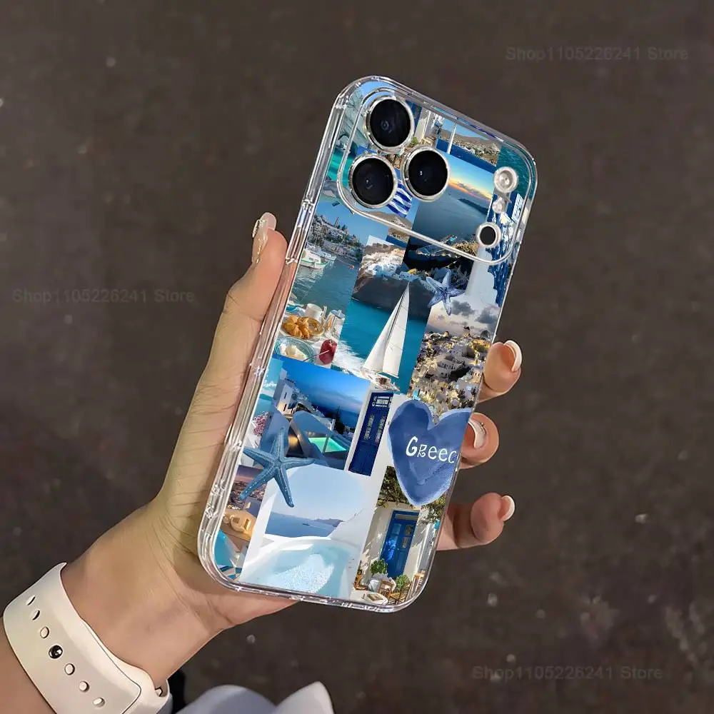 Blaue Kunst griechische Ägäis Handyhülle für iPhone 14,13,12,11,17,16,15,Pro,Max,Plus,X,XS,XR,SE,Mini transparente Softcover