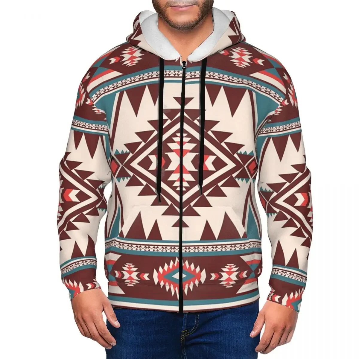 Native Southwest Navajo Mexican Ethnic Aztec Geometric Print Zipper Hoodie Pullover Autumn Winter  Sweatshirts Long Sleeve Tops