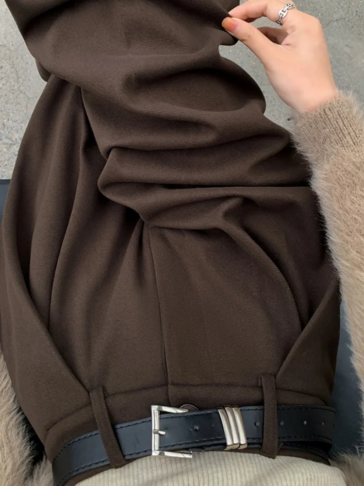 Terno de lã profundo, calças de pernas largas, outono inverno feminino, cintura alta, calças casuais retas, coreano, cintura alta, longo p...