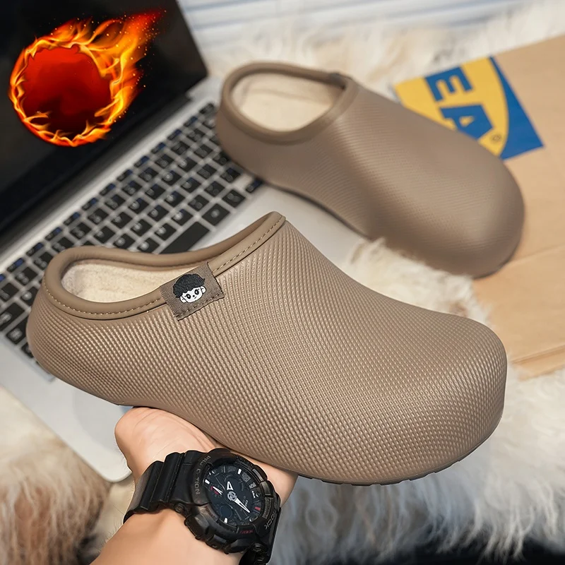 Men's Autumn and Winter Eva Fleece-Lined Cotton Slippers, Waterproof Upper, Non-Slip Thick Sole, Home and Outdoor Cotton Shoes
