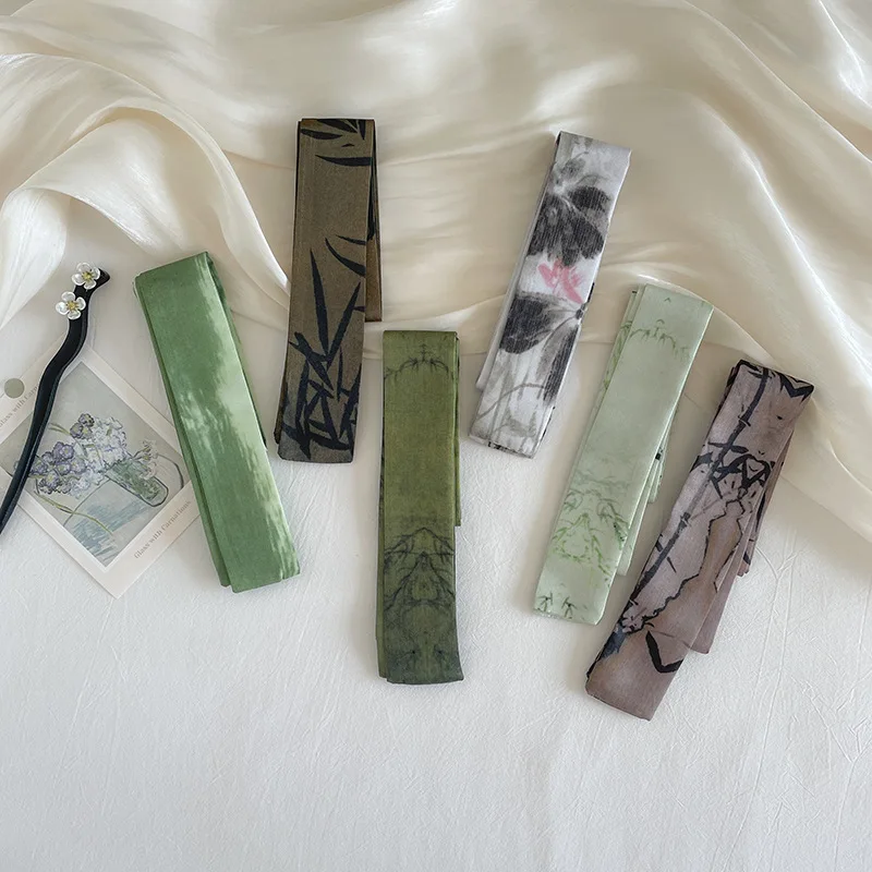 Retro-inspired Chinese-style long, narrow printed silk scarf Women's fashionable ribbon hairband and bag-tying scarf