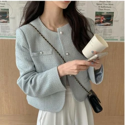 Korean Fashion Round Neck Jacket Women Elegant Single Breasted Long Sleeve Coats Fall Winter Pearl Button Outwear Tops Clothes