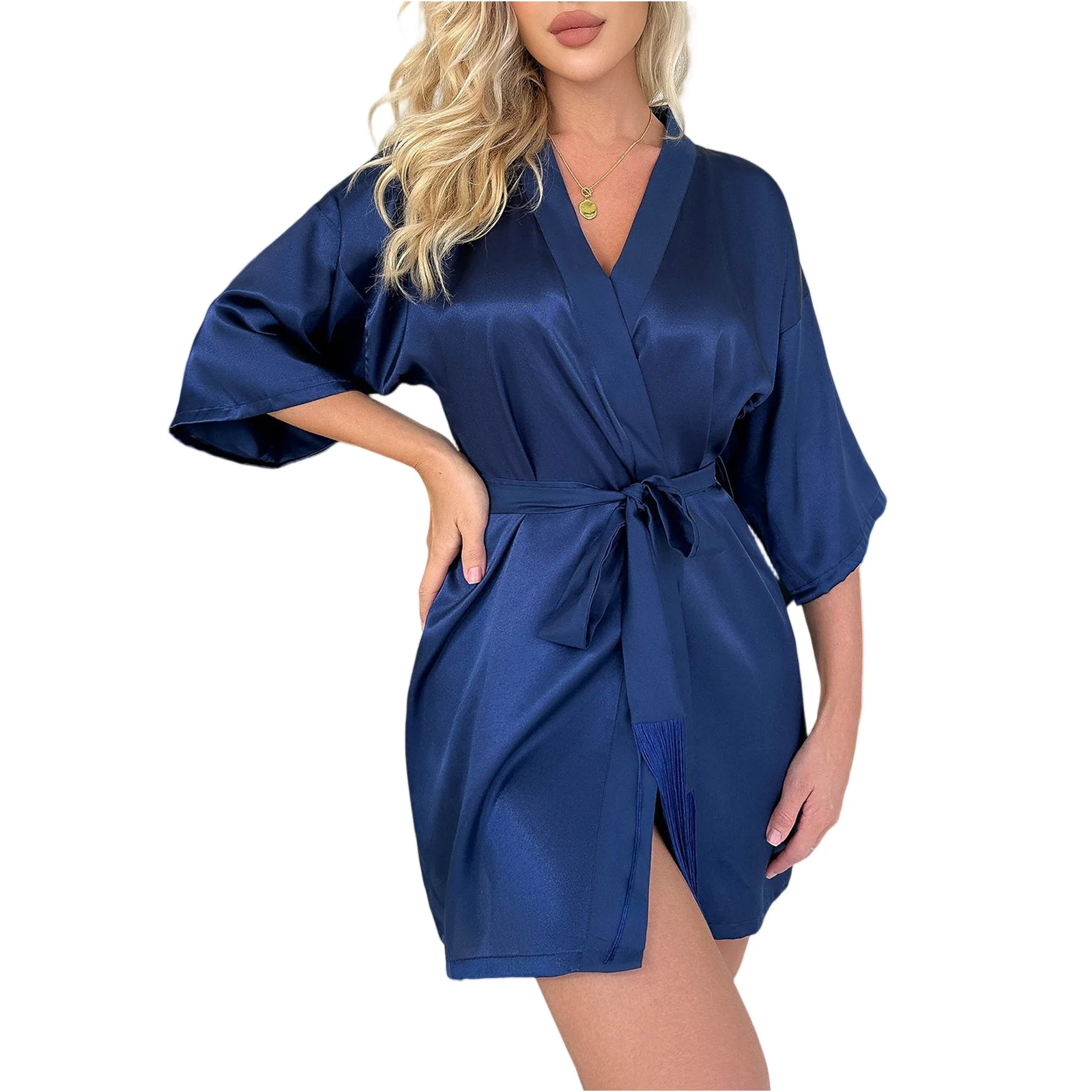 Ladies' Basic Lightweight Pure Color Mid Sleeved Tassel Bathrobe Fashion Soft and Comfortable Skin-friendly Lingerie Homewear