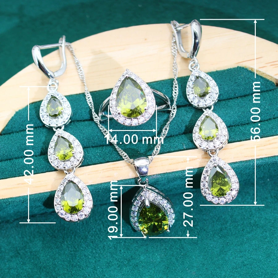 Exquisite Olive Green Zircon Wedding Silver 925 Jewelry Sets Women Bride Earrings Pendant Ring Bracelet Necklace Birthday Gift