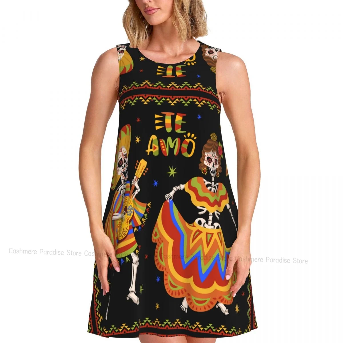 Robes d'été pour femmes, t-shirt de plage, sans manches, squelettes avec Roses, jour des morts, robe débardeur ample décontractée, 2025