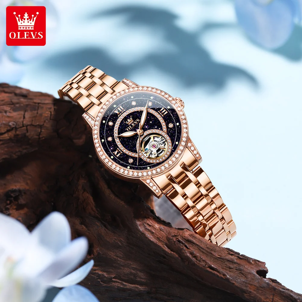 OLEVS 7036 Elegant Mechanical Movement Watch For Women Starry Dial Skeleton Flywheel Luminous Function 30m Waterproof Watch