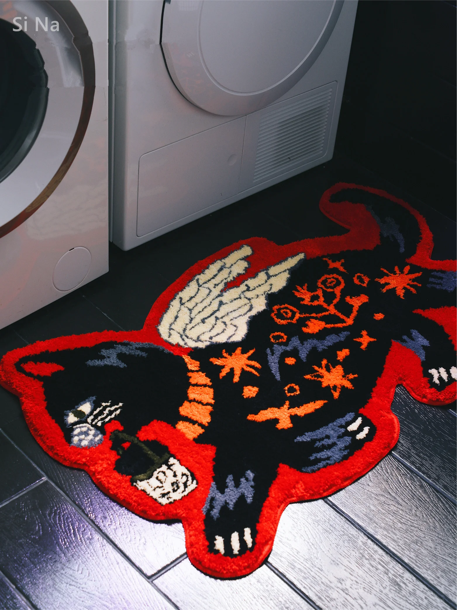 Luxury Wing Flying Black Cat Hand Tufted Floor Rug Doormat Carpet TPR Non-slip Mat Cartoon Creative Design For Xmas