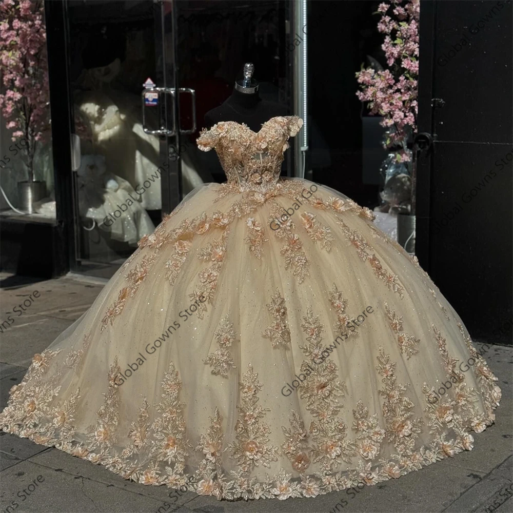 Mexico Champagne Off Schouder Baljurk Quinceanera Jurken Voor Meisjes Applicaties Partij Jassen 3D Bloemen Sweet 16 Aangepast