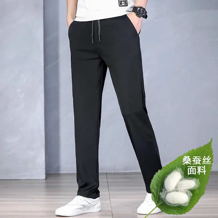 Men trousers mulberry silk 1.6% Viscose fiber 23.4% 2026 Summer Man elastic waist Solid Pants mulberry silk men's trousers