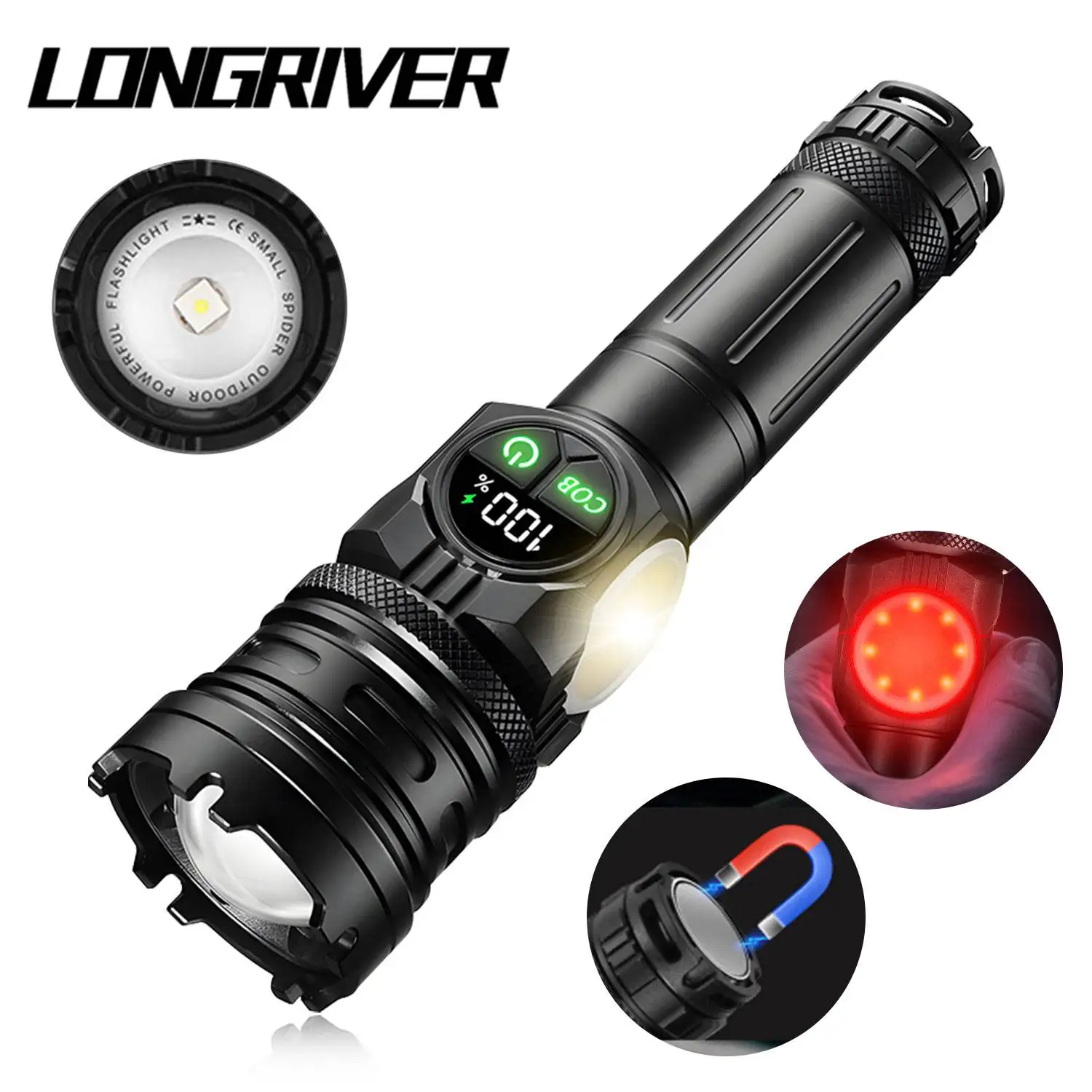 

LONGRIVER Multifunctional LED Flashlight A28 8 Modes with Side Light Red Warning Function, Camping Exploration Hiking Work Light