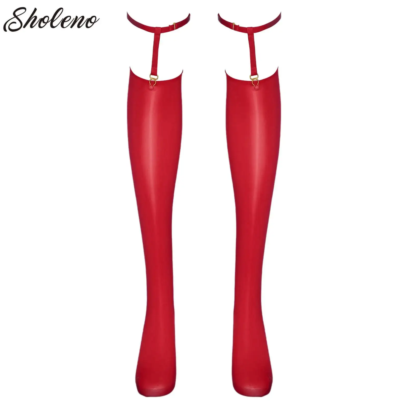 Women Sexy Stockings Shiny Oily Long Socks with Garters Clips Set Ladies Thigh-High Socks Non-Slip Suspender Stockings Clubwear