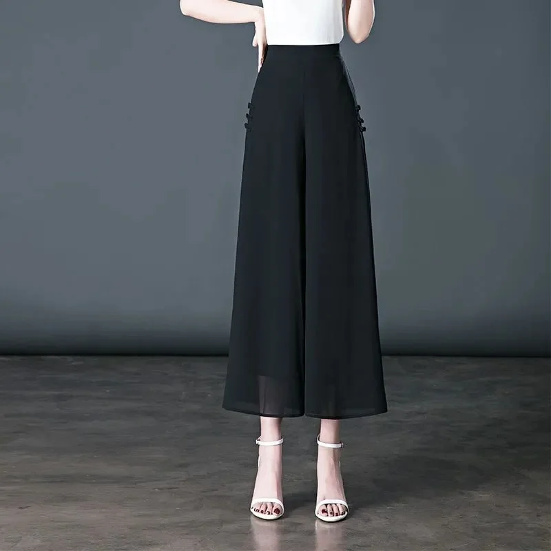 Chiffon Wide Leg Pants Women Summer Thin Chinese Floral Pants High Waisted Elastic Flesh Covering Loose New Cropped Pants Skirt