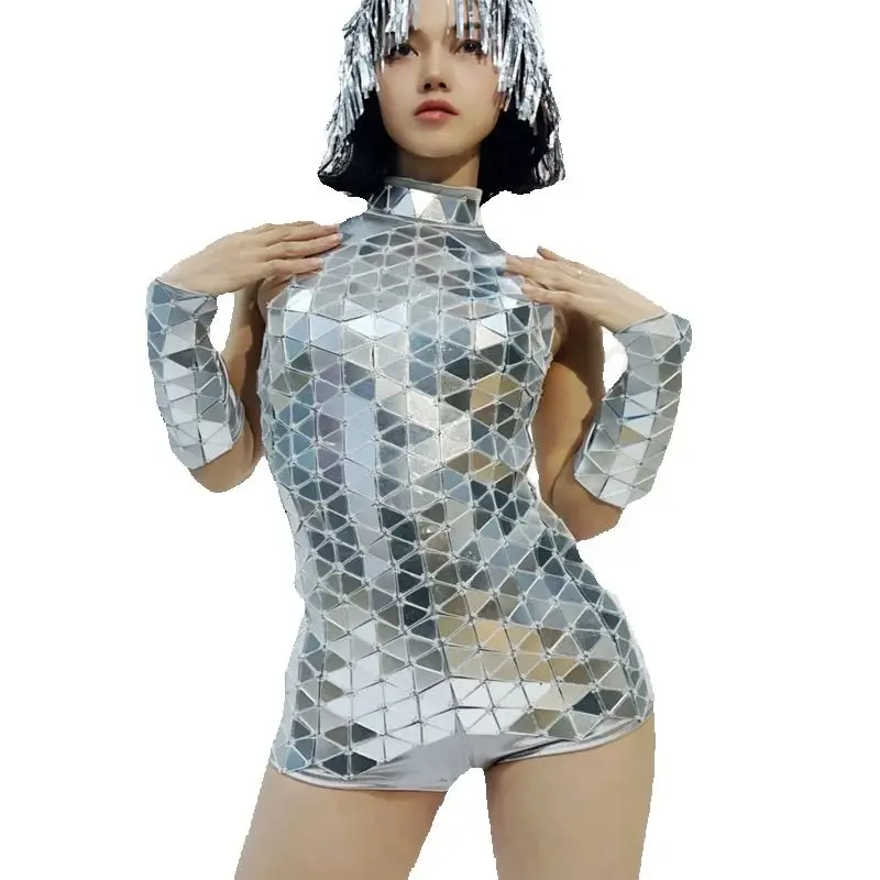 Body espelhado prateado costurado à mão feminino, roupas de dança de poste, lente rave, bar, dj, palco, performance de dança, roupas gogo